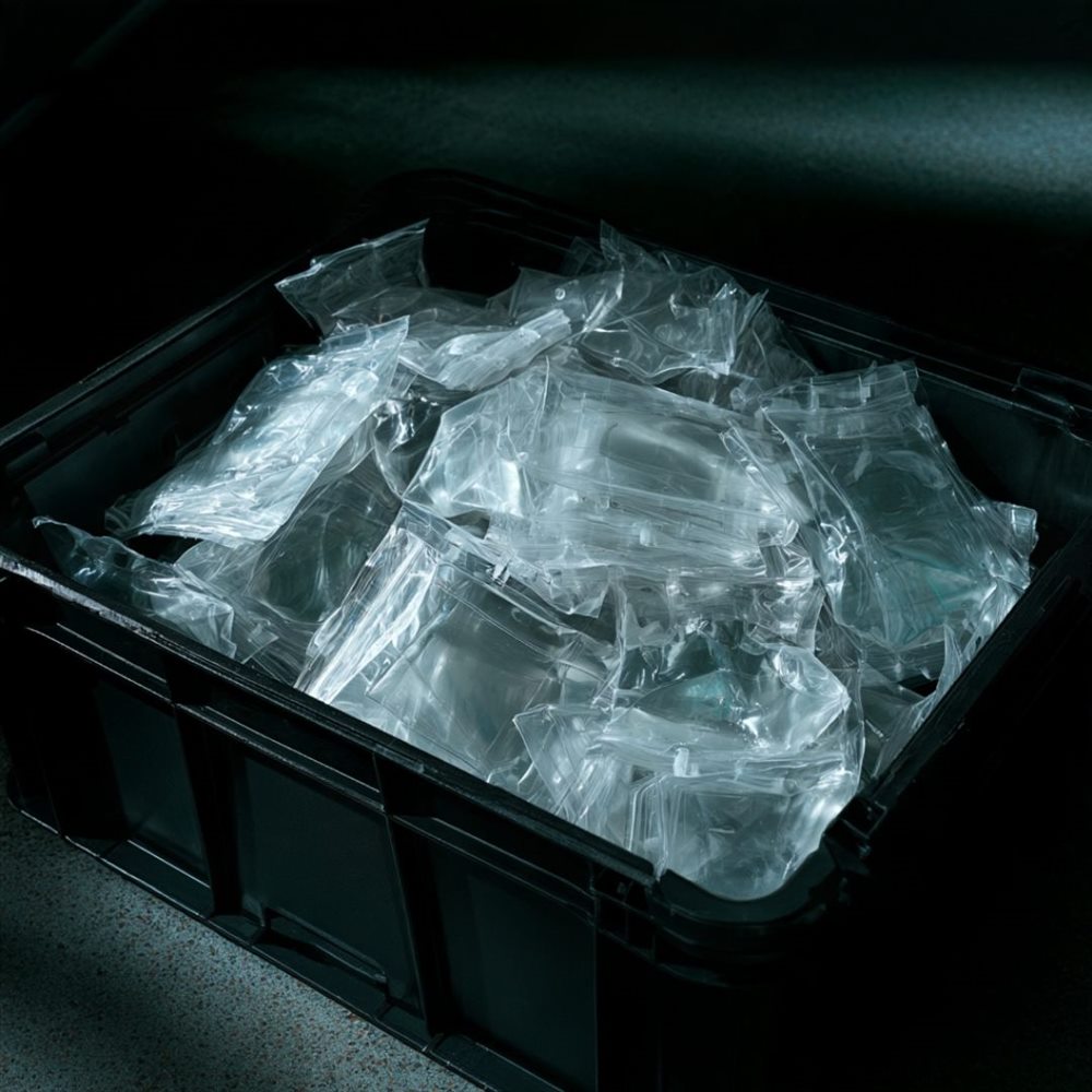 Bolsas de suero intravenoso sin etiquetar, apiladas en una caja.