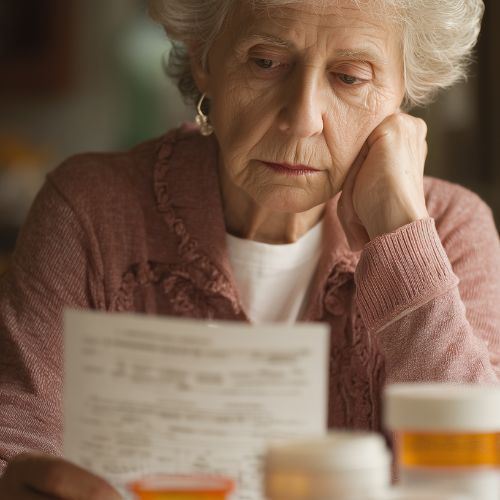 Una mujer mayor revisa con preocupación una receta y sus medicamentos