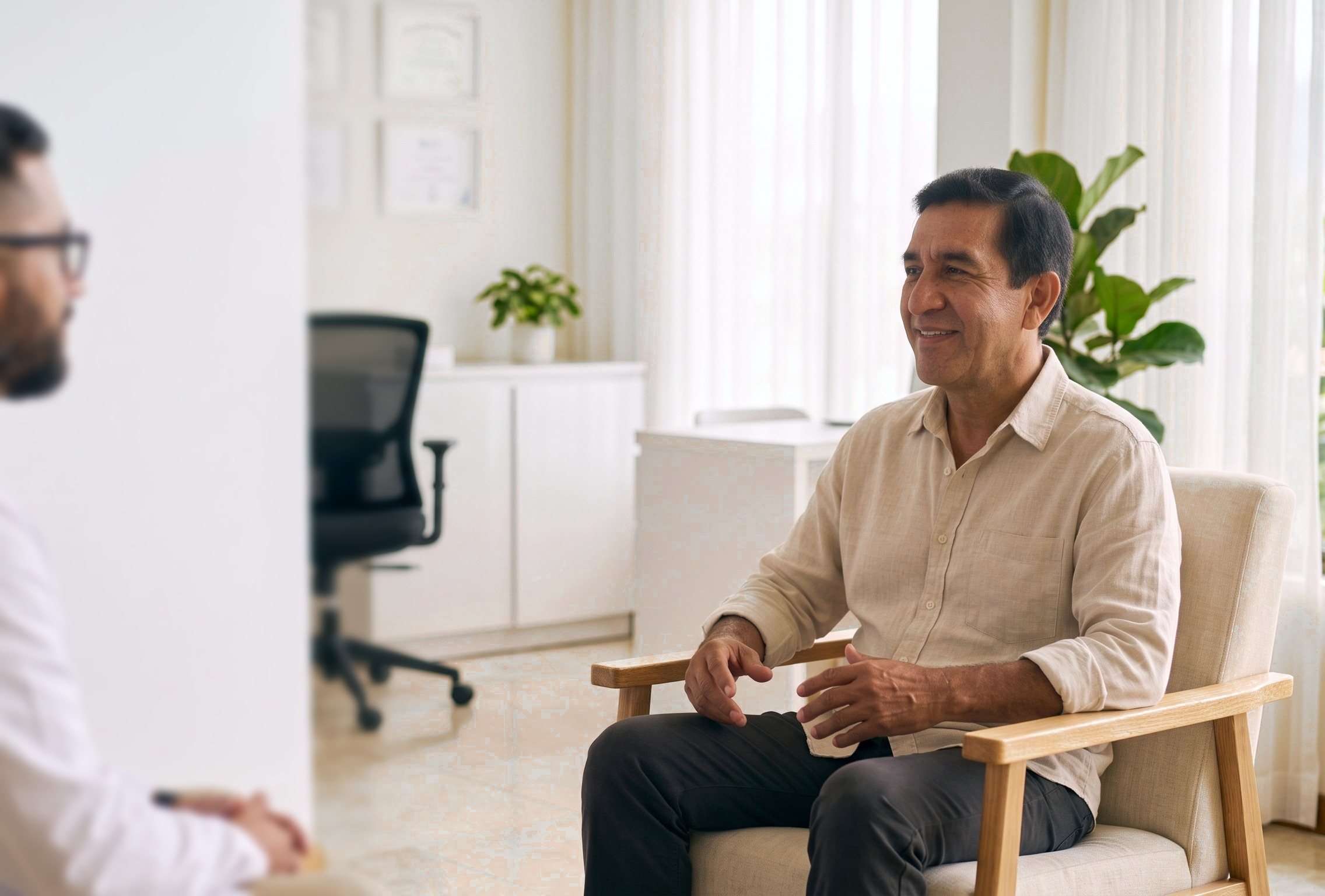 Paciente sonriendo durante una consulta en la clínica
