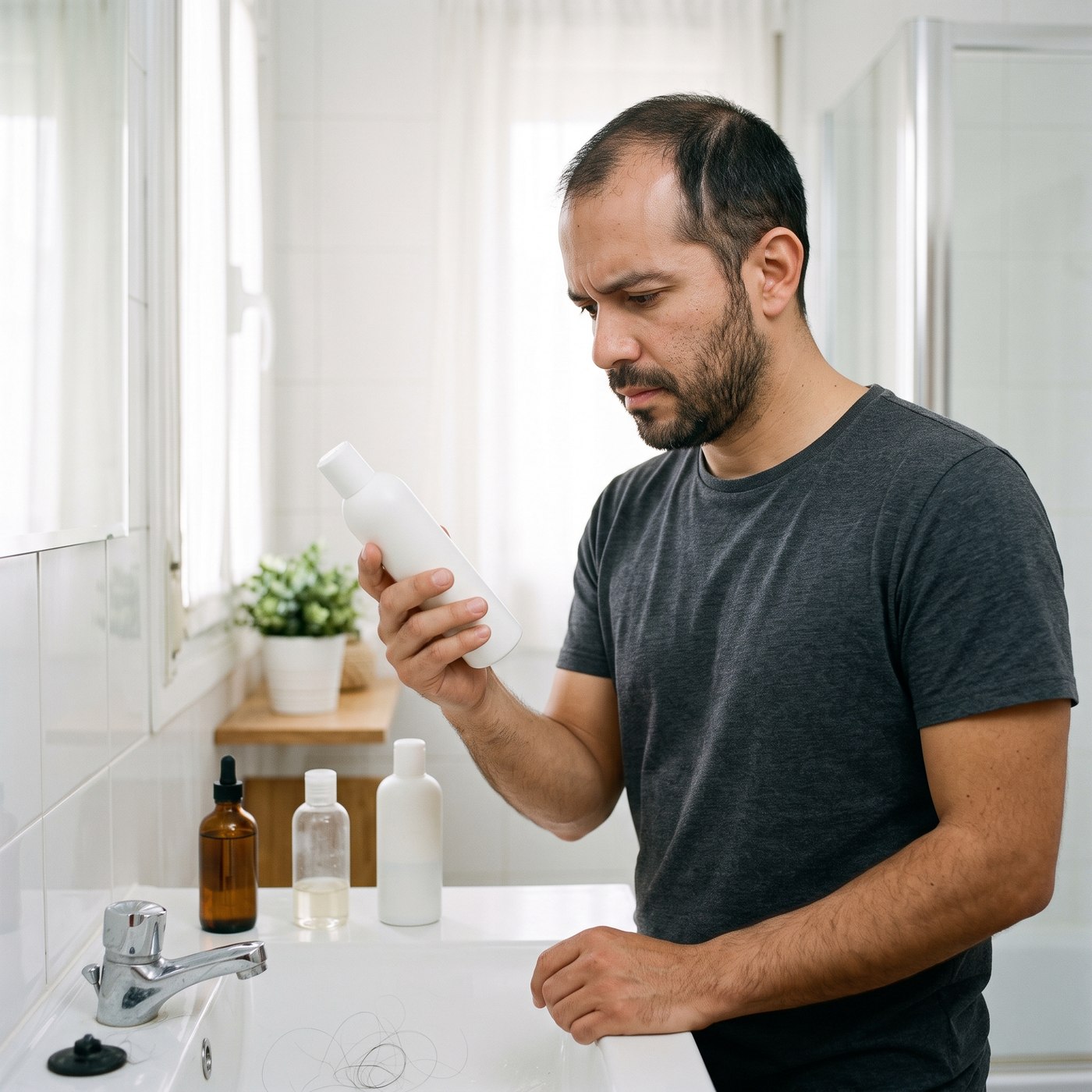 Hombre mirando con duda su shampoo anticaída