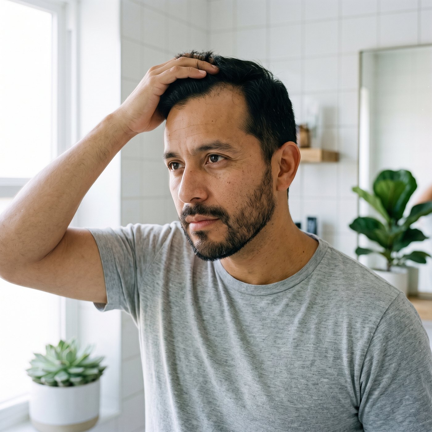 Hombre revisando la línea de su cabello